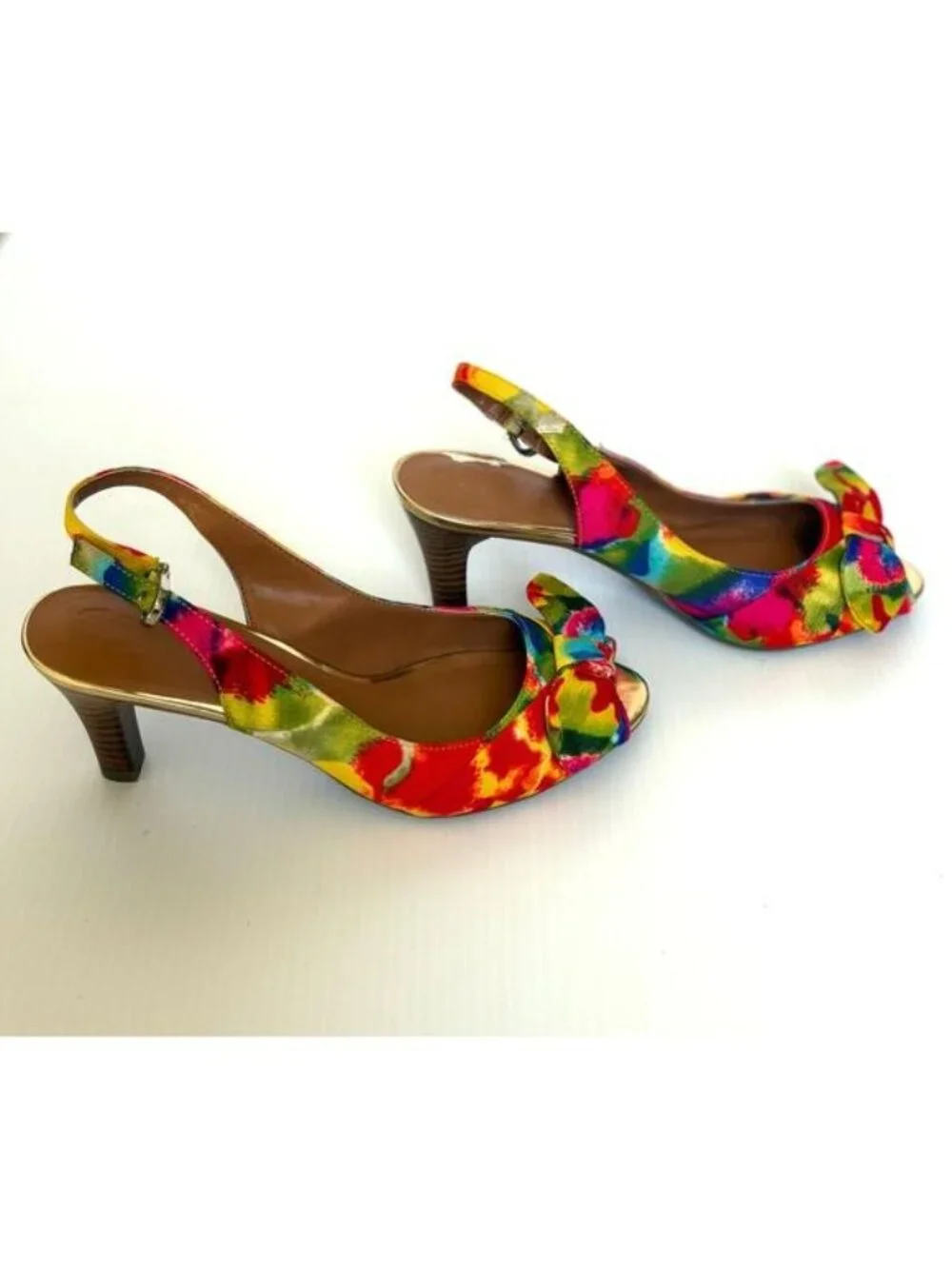 Etienne Aigner Heels Slingback Floral Peep Toe Gold Trim Women’s 5.5 Shop Worn - Picture 4 of 9